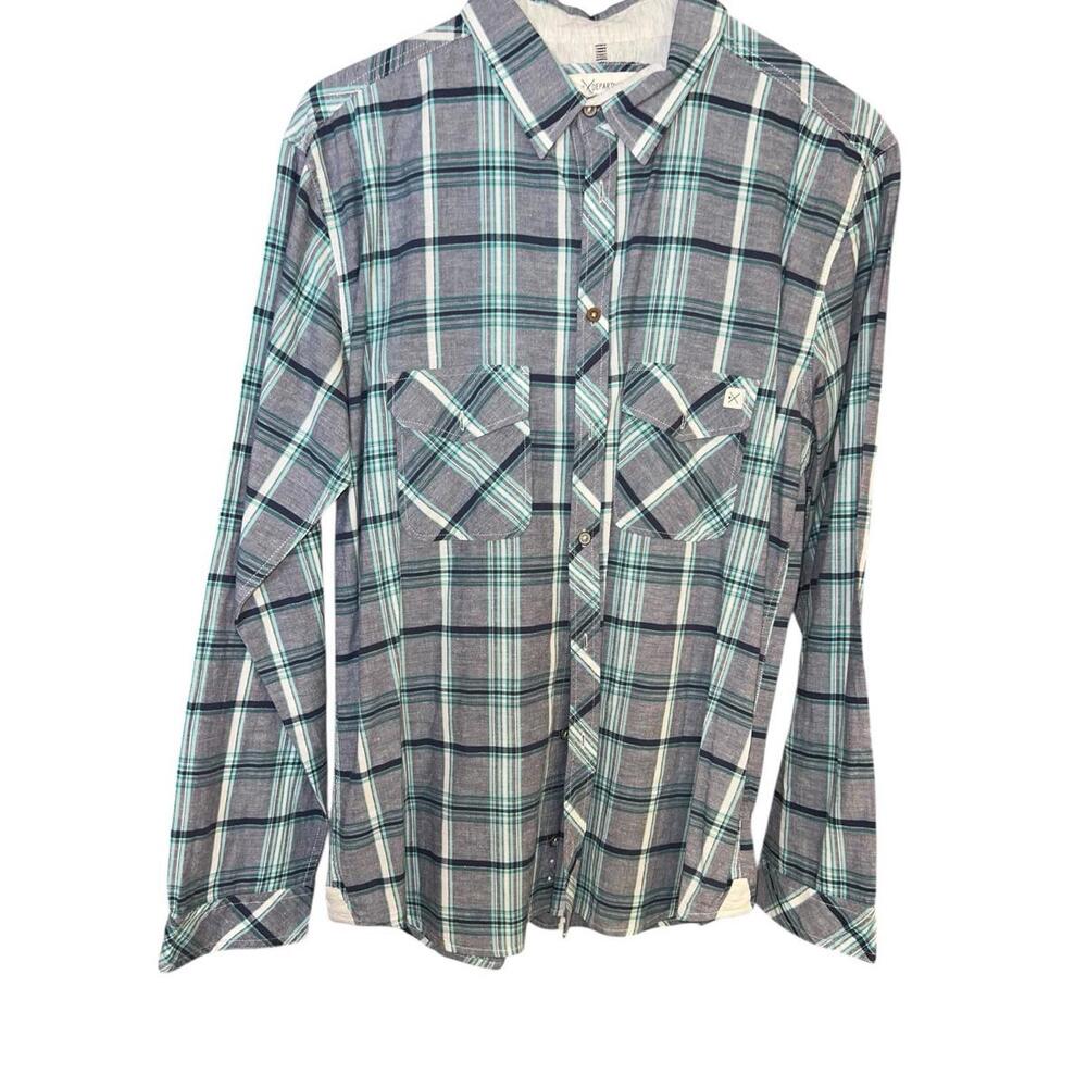 Departwest Plaid Cotton Linen Long Sleeve Button Up Shirt Men's Large